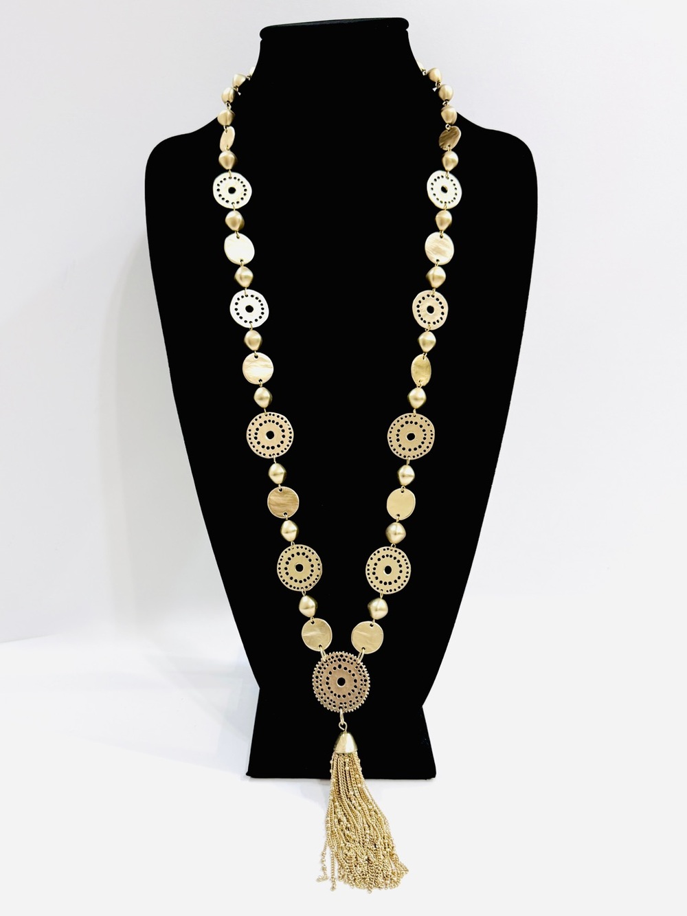 Chico’s Gold Tone Long Medallion Tassel Necklace NWT Boho Statement Pendant $69.